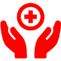 A red cross and hands with green background